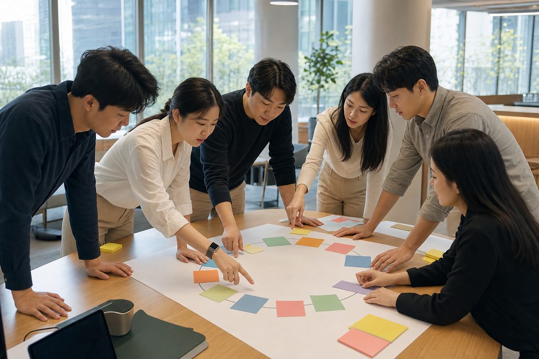 팀원들이 함께 팀 강점 지도를 만드는 워크숍 장면 예시