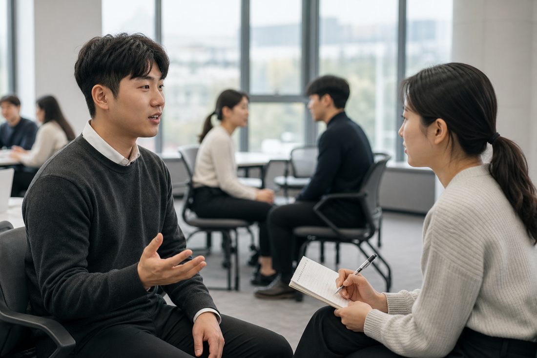 취업 준비생들이 면접 롤플레이를 하는 워크숍 장면 예시