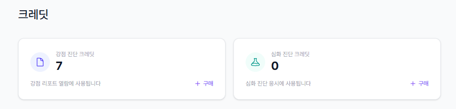 멤버 크레딧 화면 - 강점 진단 크레딧 및 심화 진단 크레딧 잔액 표시