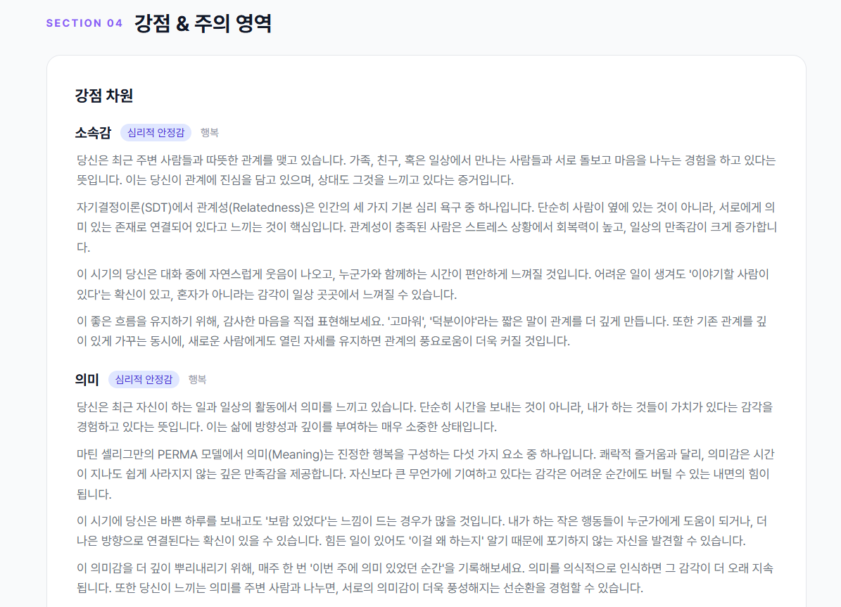 강점 & 주의 영역 - 강점 차원 상세 해석 (소속감, 의미)