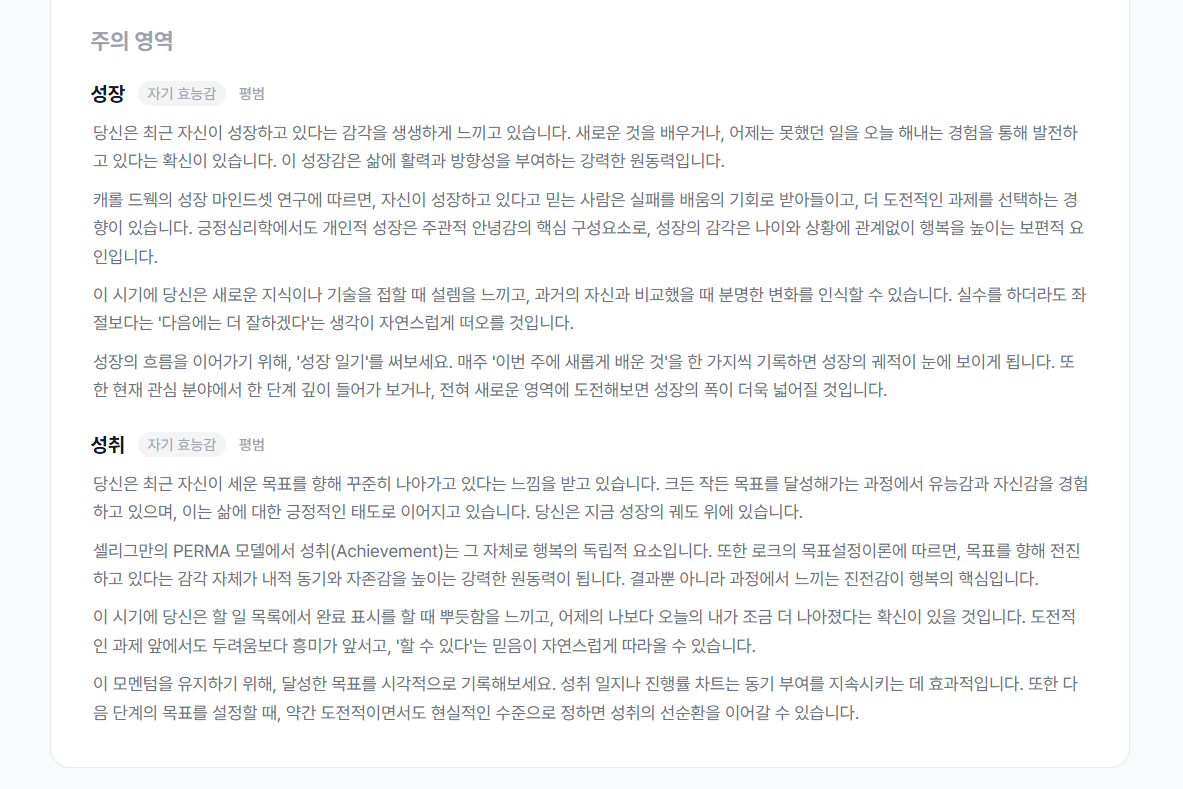 강점 & 주의 영역 - 주의 차원 상세 해석 (성장, 성취)
