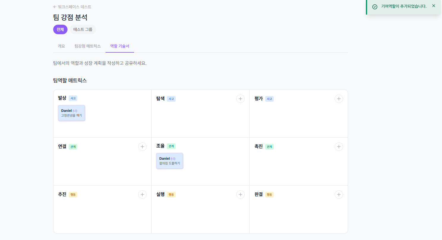 역할 기술서 탭 - 팀역할 매트릭스 및 기여역할 추가 알림
