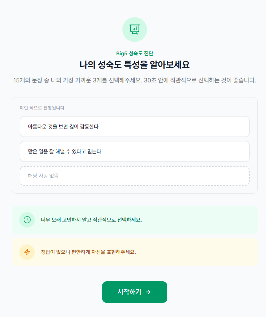 Big5 성숙도 진단 안내 화면 - 진단 방식 설명 및 시작하기 버튼