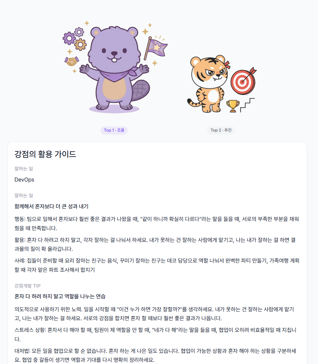 강점 활용 가이드 및 Top 역할 캐릭터 화면