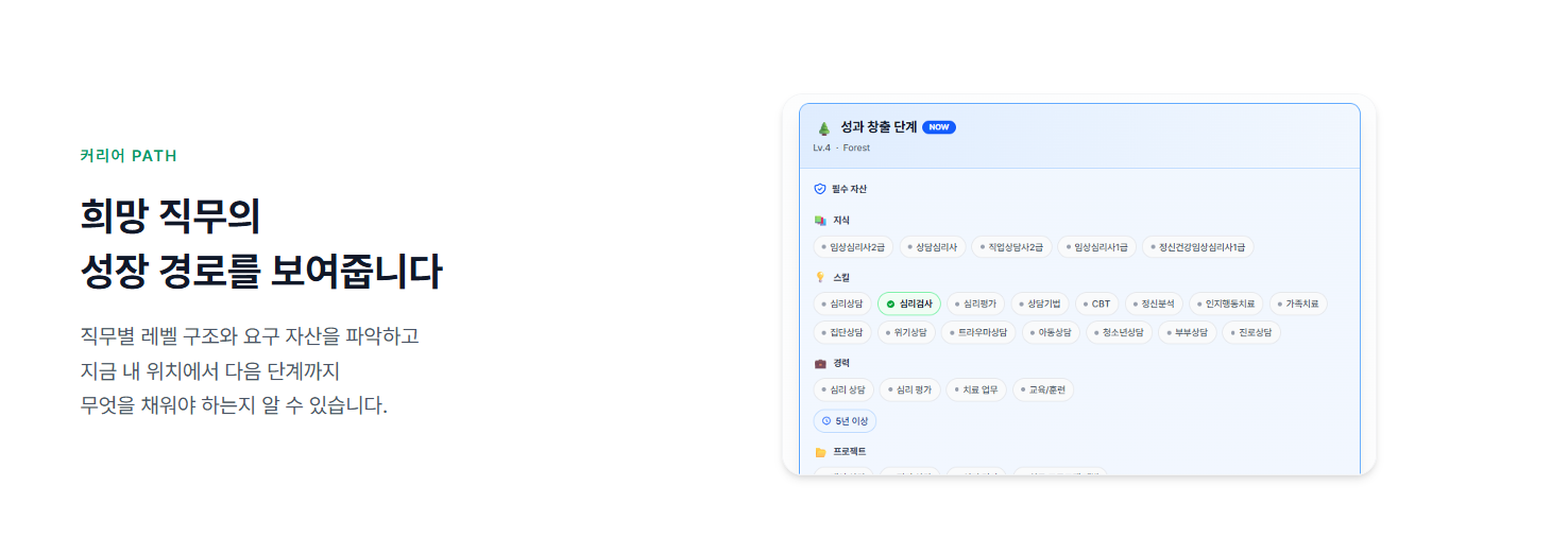 커리어 PATH 화면 - 직무별 레벨 구조와 필수 자산(지식·스킬·경력·프로젝트) 목록