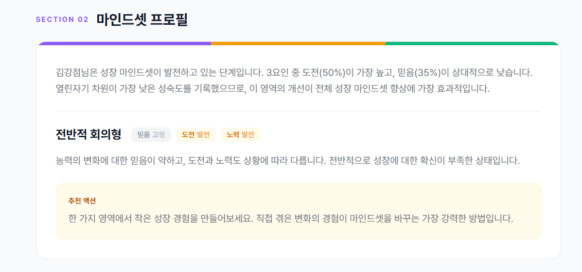 마인드셋 프로필 - 전반적 회의형 유형, 믿음 고정·도전 발전·노력 발전 태그, 추천 액션 박스