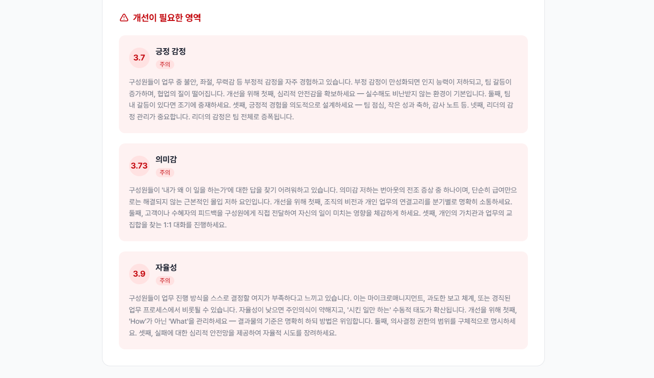 SECTION 03 개선이 필요한 주의 영역 - 긍정 감정·의미감·자율성 카드