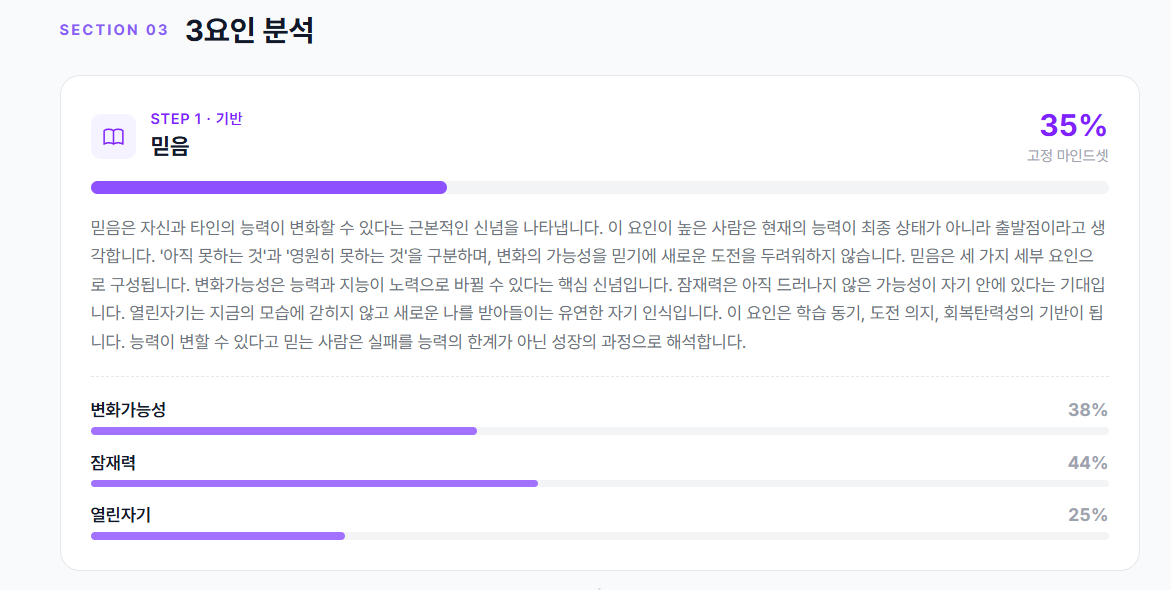 3요인 분석 - STEP 1 믿음 35% 고정 마인드셋, 변화가능성·잠재력·열린자기 세부 점수 바