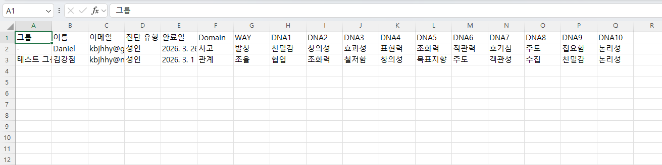 멤버 강점 진단 데이터 Excel 내보내기 결과 파일