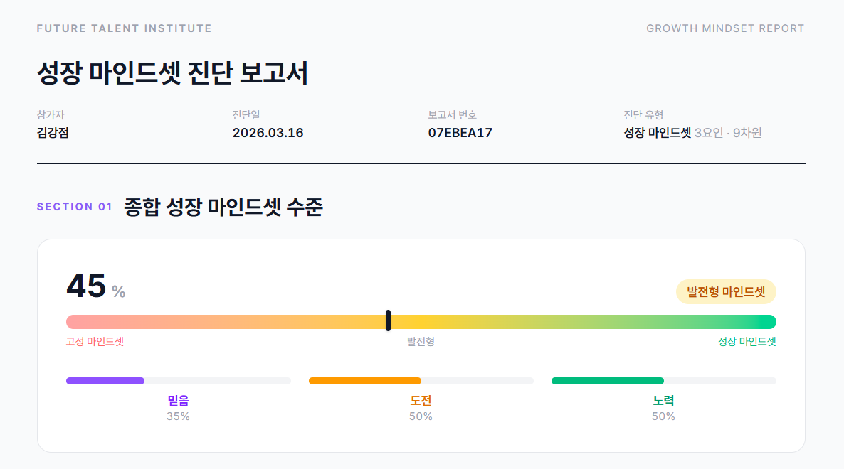 종합 성장 마인드셋 수준 - 전체 점수 45%, 발전형 마인드셋, 믿음·도전·노력 3요인 점수 바 차트